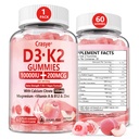 Vitamina D3 K2 Gumries 10000 UI cu 500 mg de magneziu de calciu Gumă de mestecat Zahăr gratuit ADK+Vitamina B12 Suplimente pentru femei și bărbați Oase, mușchi, aroma de piersici dinți - 60 Gume - 30 Serviri