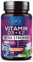 Vitamina D cu K2 (MK-7) - Vitamina D3 5000UI (125mcg) Per Servire - Supliment complex D3K2 pentru oase, dinți, mușchi, absorbție de calciu, suport imunitar și sănătate cardiacă - îmbuteliat în SUA - 240 Softgels