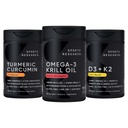 Cercetare sportivă Antarctica Krill ulei Omega 3 1000 mg (cu fosfolipide, colină și astaxantină), Curcumin turmeric C3 Complex (cu Bioperine Black Pepper & Coconut Oil) și vitamina pe bază de plante D3 + K2