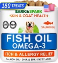 BARK&SPARK Omega 3 pentru câini - 180 de tratamente cu ulei de pește pentru vărsarea câinilor, alergia pielii, relieful mâncărimilor, tratamentul petelor fierbinți - sănătate comună - Suplimentul pielii și hainelor - EPA & DHA acizi grași - Ulei de somon canin