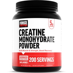 Force Factor Creatin Monohidrat pulbere, 5g Doza Micronized pentru a sprijini cresterea musculara, Putere, Recuperare, Cognitive Health & Memory, Nearomatizate, 200 Serviri