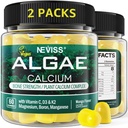 (2 ambalaj) Gume de calciu pentru femei, supliment de calciu fără zahăr din alge durabile (3a parte testat) cu vitamina D3 K2, C, zinc, Bor, Mangan pentru puterea osoasă, Absopție de calciu, Vegan