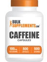 BulkSupplements.com Cafeina capsule 100mg - Pastile de cofeina 100mg, Supliment pentru Boost de energie - Gluten gratuit, 1 capsulă per servire, 500 Conte (Pachet de 1)