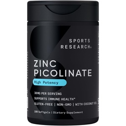 Sports Research High Potency Zinc Picolinate 30mg with Organic Coconut Oil | Highly Absorbable Zinc Supplement for Healthy Immune & Enzyme Function - Non-GMO Tested & Gluten-Free (180 Liquid Softgels)