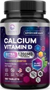 Calciu 1200 mg cu vitamina D3, Suplimentul de calciu Vitamine, Bone, Dinți și Imun Sănătate Suport, Suplimente de calciu cu D pentru femei și bărbați, carbonat de calciu absorbabil naturii - 180 comprimate