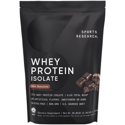Sports Research® 100% Whey Protein Isolate Dark Chocolate - U.S. Sourced Protein Powder w/BCAAs - No Artificial Flavors or Gums- Informed Sport Tested · Gluten Free - 2lb Bulk Bag, 25 Servings