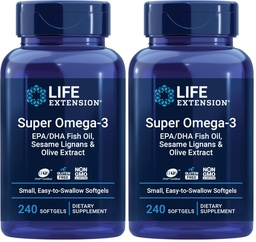 Life Extension Super Omega-3 EPA/DHA Fish Oil, Sesame Lignans & Olive Extract – Heart, Brain, Inflammation Health Support, Gluten-Free, Easy to Swallow, Non-GMO, 240 Softgels (Pack of 2)