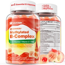 Complexul de vitamine B supermetilate - Toate vitaminele B + Omega-3, Magneziu, CoQ10, Ashwagandha, Vitamina C, TMG- pentru femei-Methyl B12 2000 mcg, metilfolat, B1,B2, B3,B5,B6,B7- Zahăr fără