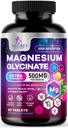 Glicinat de magneziu 500mg - Chelated for Ultra Absorbtion - Suporturi osoase, musculare, nervi & Heart Health, Nature's Sleep Support, Cel mai bun supliment de magneziu pastile pentru tot sprijinul corpului - 60 comprimate