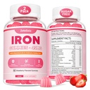Vegan 2 Pack Supliment de fier Gummes pentru femei și bărbați, anemie, Blood Builder și suport energetic pentru deficit de fier, cu vitamina C, A, B Complex, Folate, CoQ10, Sugar Free, Non-GMO, 120 Conte