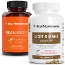 Ciuperci reale RealBoost (60ct) și Lions Mane (120ct) Capsule Bundle - supliment de ciuperci pentru energie, Vitality & Cognition - Energy & Brain Vitamines w/Cordyceps, Ginseng, Guayusa - Vegan, Non-GMO