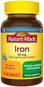Natura Made de fier 65 mg 365 comprimate (325 mg sulfat feros), Supliment alimentar pentru suport de celule roşii din sânge, 365 comprimate, 365 zile de aprovizionare- cu ghid de nalkotSupliments