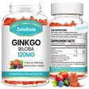 2 Pack Ginkgo Biloba Gummies pentru femei și bărbați, Suplimentul creier Îmbunătățește mai bine starea de spirit și focus, Vegan mixt aroma Berry 120 Conte