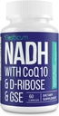 NADH 50mg + CoQ10 200mg + D-Ribose 150mg Supliment, stimularea NAD + Suplimente pentru sistemul imunitar, energie celulară, focalizare, reducerea nicotinamidei Adeninadinucleotidă, 60 Capsule vegetale