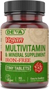 DEVA Vegan gratuit de fier Multivitamine & Supliment mineral, Vitamina C, D2, E & B- Complex, Biotina, 90 de tablete Tiny