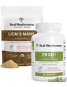 Ciuperci reale Ergotioneina (60ct) și Lione Mane Pulbere organică (60 Servings) Bundle cu extracte Shiitake și Oyster ciuperci - Longevitate și cunoaștere - Vegan, Gluten Free, Non-GMO