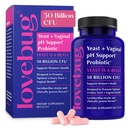 Lovebug Yeast and Vaginal Probiotics for Women pH Echilibru & tract urinar, 50 Miliarde CFU, UTI, BV, Odor Support with Lactobacillus, Bifidobactery, Digestive & Vaginal Health Supplement 60 Capsule