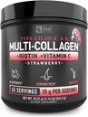 Premium Multi Colagen Peptides Proteine pulbere (1, 2, 3, 5 & 10) cu vitamina C, Biotina, Acid hialuronic, pentru piele de păr și unghii - Marine, bovine, pui și coajă de ou (Strawberry, 45 Servings)