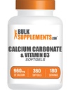 BulkSupplements.com Carbonat de calciu & vitamina D3 Softgels - Calciu și vitamina D3, Calciu și D3 Supliment pentru suport imunitar - Gluten gratuit, 2 Softgels per Serving, 360 Conte (Pachet de 1)