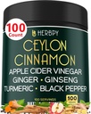 6in1 Premium Ceylon Scorțișoară Supliment Plus Apple Cidru Oțet, Turmeric, Ghimbir, Ginseng - Managementul greutății, Digestion - 100 capsule Vegan