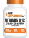 BulkSupplements.com Vitamina B12 Capsule - ca Cyanocobalamină, vitamina B Supliment, vitamina B12 200 mcg - Vitamine energetice, gluten gratuit, 1 capsulă per Serving, 500 capsule (Pachet de 1)