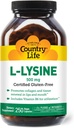 Country Life L-Lysine 500mg cu B-6, Sprijină Immune Health, Promovează Colagen Reînnoirea în buze și gură, 250 capsule Vegan, Certified Gluten gratuit, Certified Vegan