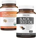Bundle de Black Seed Oil & Organic Ashwagandha - Renew & Recharge Bundle - Black Seed Oil - 120 Soft-gel Capsule (Non-GMO & Vegetarian) și Organic Ashwagandha Root Powder 1350 mg servi (120 comprimate)