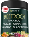 6in1 Beetroot Supliment cu rădăcină Maca, semințe de struguri, ghimbir, Turmeric și Pepper negru pentru sănătate cardiacă și suport imunitar - 100 capsule Vegan