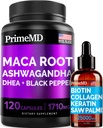 4-in-1 Liquid Biotin Collagen Keratin Saw Palmetto picături (2 fl oz - 1 pachet) & 6-in-1 Maca Root Ashwagandha w Black Pepper Fruit (120ct) Bundle - păr, piele, unghii, energie și supliment de suport Mood