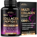 Multi Colagen Peptides - Tipuri hidrolizate I, II, III, V & X - Suplimentul Colagen pentru Femei 1300 mg - w/ Acid hialuronic, Vitamine C & E - Piele, Păr, Nails & Suport comun - Made in USA, 120 Capsule