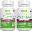 Super B12-Complex 1000mcg + Folat pur 400mcg Vegan Bundle, sublingual de absorbţie vitamina B12 cu metilcobalamină, Adenosilcobalamină & Hydroxocobalamină + L-metilfolat optimizat, de Igennus
