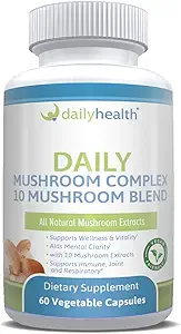 Daily Health 10 Mushroom Blend Complex 60 capsule Cordyceps, Reishi, Shiitake, Lions Mane, Maitake, Turcia Coada, Chaga, Agaricus, White Button, Black Fungus, Vegan Friendly (1 lună de aprovizionare)