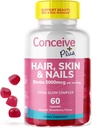 CONCEIVE PLUS Hair Skin & Nails Gummies - Extra-Forngth Biotin, VIT A, C, D3, E Vitamine - Vegan, Suplimentul de creștere a părului - Gelatină-Free - 60 Conte