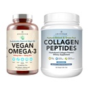 Piele sănătoasă și articulații Bundle - Premium Vegan Omega-3 (120 capsule) de la Marine Algae + Grass-Fed Colagen Peptides pulbere (1kg - 100 Servings) Non-GMO. Piele radiantă, articulații, oase și îmbătrânire grațioasă