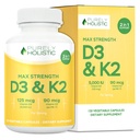 Vitamina pur holistica D3 125mcg și vitamina K2 90mcg MK7-4 Luna alimentare 150 Capsule vegetariene - Vitamina D3 și K2 Menaqunione - Colecalciferol de înaltă rezistență fabricate în Statele Unite ale Americii