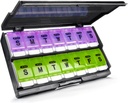 Extra Large Weekly Pill Organizator 2 ori pe zi - Remtise Am / Pm Daily Pill Case Medicine Organizator, Push Button 7 zile Pilula cutie pentru pastile / Vitamina / Cod Ulei de ficat / Suplimente (Purple & Green)