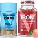 Supliment de fier cu gume de Magensium, Gume de fier Vegane cu vitamina C, A, B-complex, Folat, zinc pentru adulți și copii, pentru deficit de fier, anemie, somn de relaxare, non-GMO