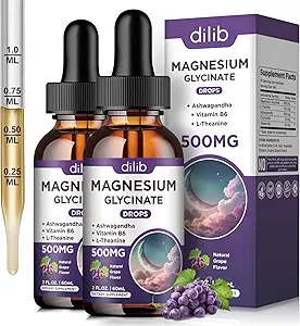 (2 ambalaj) Magneziu Glicinate Picături lichide 500mg, cu vitamina B6, Ashwagandha, L - Theanină, Mușețel, Magneziu Glycinate Supliment mare Absorbție pentru somn, Stres, Energie Mood - Aroma de struguri