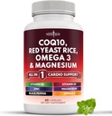 NEW AGE COQ10 200mg Red Yeast Rice, Omega 3, Complex de magneziu, Zinc Vitamina K2 D3 - Heart Support Vitamine pentru femei și bărbați cu vitamina B3, Coenzima Q10-60 Count