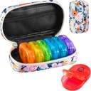 Serfeymi Weekly Travel Pill Organizator 2 Times A Day AM PM Upgraded Rainbow Pilula Box 7 Ziua cu Portable Zipper Canvas Pill Case, Medicina Organizator pentru pastile, vitamine, uleiuri de pește - Bloom 01