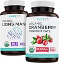 Salvați $4 (12% off) - Mind & Body Bundle - Cranberry organic concentrat (50:1 concentrat - egal 25,000 mg de mure proaspete) și organic Lions Mane (10:1 extract - egal 10.000 mg de ciuperci)