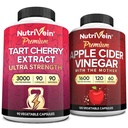 Nutrivein Premium Tart Cherry 500mg & Apple Cidru Vinegar 1600mg Bundle - Recuperare musculara si Uric Acid Cleanse Plus Digestion Support & Greutate Management - Non-GMO, Vegan / Vegetarian - 90 + 120 pastile