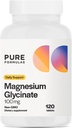 PureFormulas Magneziu Glicinat 100 mg zilnic suport pentru stres, nervi, somn, musculare, metabolice Pure magneziu Glicinat Supliment pentru femei şi bărbaţi Magnezio non-GMO 120 comprimate