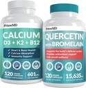 PrimeMD 4-in-1 Suplimente de calciu pentru femei şi bărbaţi sau inimă, de apărare osoasă şi corporală (120 ct) & 28-in-1 Querbetin cu supliment de Bromelain - Querbetin 500 mg capsule pentru suport de apărare imună (120 ct)