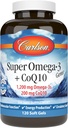 Carlson - Super Omega-3 Gems + CoQ10, 1200 mg Omega-3s 200 mg CoQ10, Funcţia de circulaţie, Producţia de energie şi suport circulator, 120 Softgels