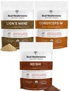 Real ciuperci de înaltă performanță Bundle - Lion's Mane + Reishi + Cordyceps-M Certified Organic Mushroom Powders for Vitality, Imunity & Longevity