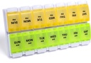 Sukuos AM PM Weekly Pill Organizator 7 zi, 2 ori pe zi de medicament Pilula cutie cu buton Push Easy, BPA gratuit vitamine cazuri de ulei de pește / suplimente, ușor de curățat (Yellow&Green)