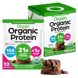 Orgain Organic Vegan Proteina pulbere, Creamy Ciocolata Fudge - 21g Proteina de plante, 6g Fibră prebiotică, Carb scăzut, Fără Ingrediente Lactoză, Fără Zahăr Adăugat, Non-GMO, Pentru Shakes & Smoothies, 10 Pachete de călătorie