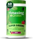 Verdele de iarbă uimitoare se amestecă Superfood: Super Greens Powder Smoothie Mix cu Spirulina, Chlorella, Root Root Powder, Enzymes Digestive & Probiotices, Berry, 60 Servings (Packaging May Vary)