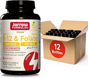 Jarrow Formulas Metil B-12 1000MCG & Metil Folate 400MCG,Extra Putere,Energia celulară Metabolism & Heath cardiovascular Formula(1) Cu P-5-P,100Taburi masticabile,Până la 100 zile Suppl,12Packs